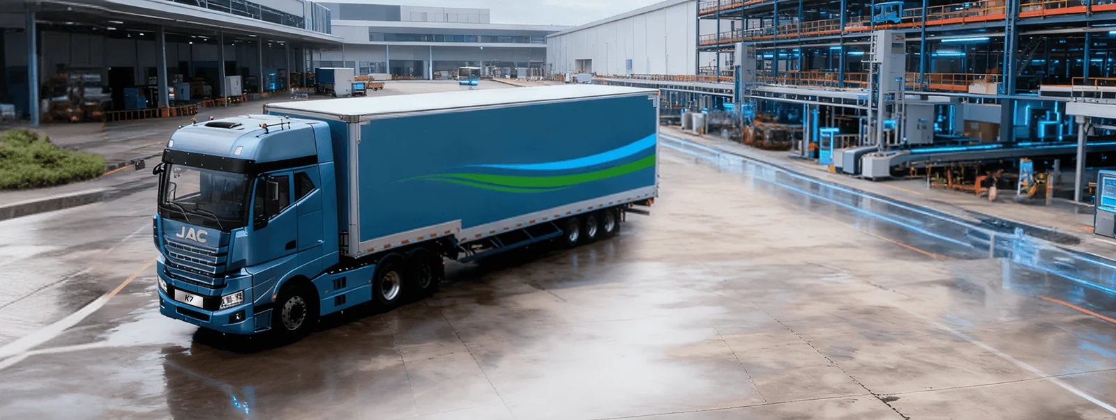 JAC K7 tractor truck with box semitrailer at the factory